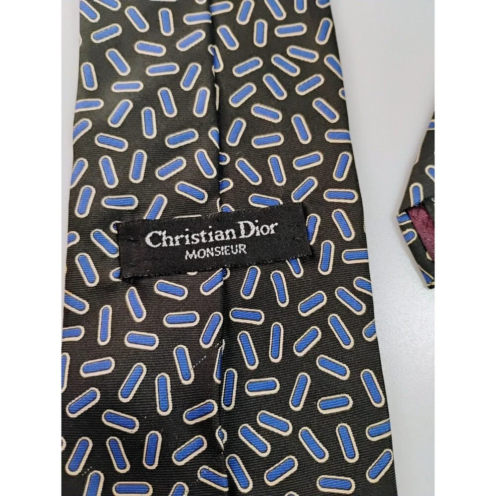 Vtg 80s Christian Dior Monsieur Silk Tie Blue Black Geometric Print